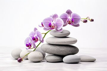 White background with stones and orchid.