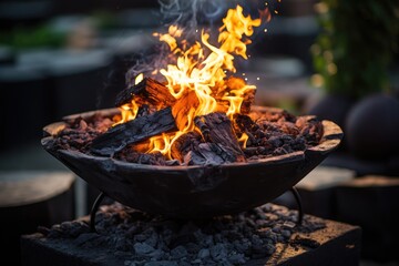 Charcoal burning in a fire pit.