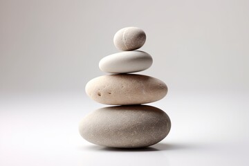 Stacked pyramid of meditation stones for spa treatments on a white background.