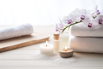 Fototapeta na wymiar Gorgeous spa treatment display on wooden table.