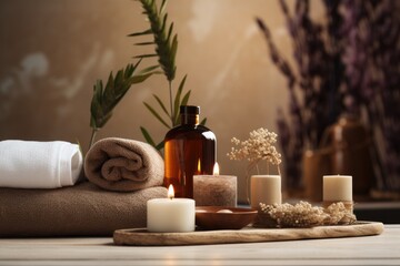 Lovely arrangement of spa items on wellness center table.