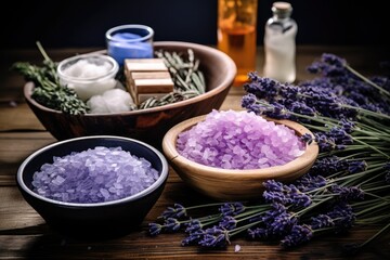 Obraz na płótnie Canvas Beauty product samples featuring dried lavender in purple and blue, displayed on a dark wood table.