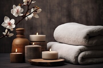 Fototapeta na wymiar Gorgeous arrangement of spa towels and accessories.