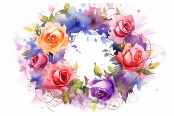 Colorful wreath of roses in watercolor. Generative AI