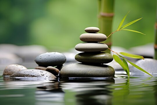 Zen stones and bamboo floating on the water.