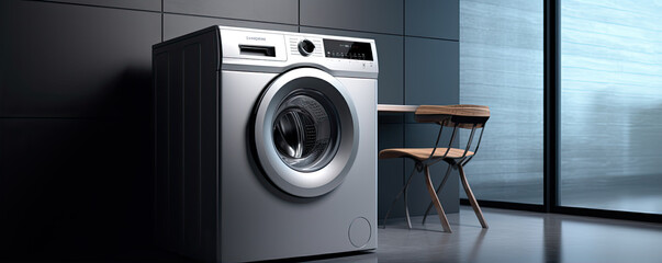 Modern washing machine in gray background. copy space for text.