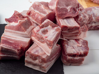 Raw meat. Raw pieces of pork meat. Raw meat close-up.