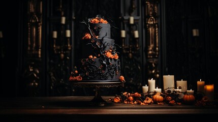 halloween themed wedding cake with red, orange and black flowers