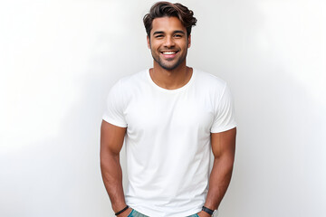 Portrait of handsome man in white t-shirt smiling at camera