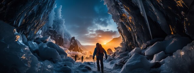 Backpacker explores the inside a glacial ice cave Entrance of an ice cave with a man adventure traveller backpack inside stunning landscpae nature travel concept - obrazy, fototapety, plakaty