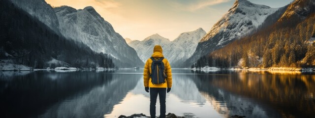 beautiful stunning impressive winter lake landscape with snow mountain reflecting water clam lake with a backpacker person traveller in jacket travel nature background concept