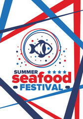 Seafood Summer Festival. Fish and Chips party. Family holiday event, happy celebration. Ocean and sea food. Healthy eating, outdoor barbecue. Vacation with delicious snack. Vector illustration