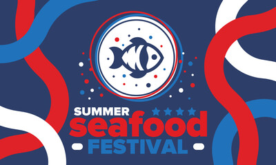 Seafood Summer Festival. Fish and Chips party. Family holiday event, happy celebration. Ocean and sea food. Healthy eating, outdoor barbecue. Vacation with delicious snack. Vector illustration