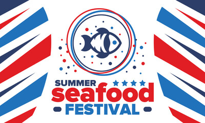 Obraz premium Seafood Summer Festival. Fish and Chips party. Family holiday event, happy celebration. Ocean and sea food. Healthy eating, outdoor barbecue. Vacation with delicious snack. Vector illustration