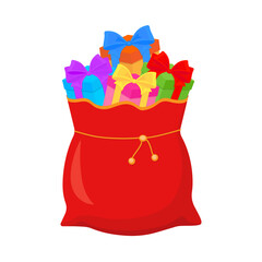 Santa Claus bag with gift boxes. Color vector illustration in cartoon flat style. Isolated on white background.