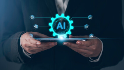 AI for business concept. Artificial Intelligence technology chatbot robot tools analytics generates something. Ai smart software learning data for target business developer system.