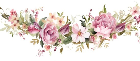 Wedding Arch Pink flowers Green leaves Celebration Cards invitations decoration White background