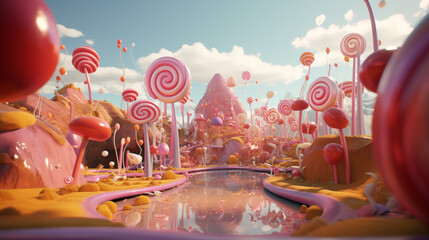 A candy and sweet themed fantasy world with attractive and bright multi-colored buildings and plants. Full of joy and happiness. - obrazy, fototapety, plakaty