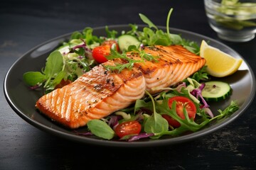 Delicious dish featuring grilled salmon and fresh salad. Perfect for a nourishing lunch. Generative AI