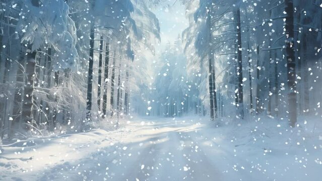 Beautiful forest road in the snow with heavy snowfall
