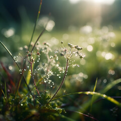 Close-up of a dew-covered meadow, soft morning light, fresh and vibrant colors, macro photography style