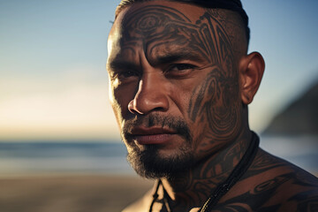 Polynesian Man on Tropical Beach - obrazy, fototapety, plakaty