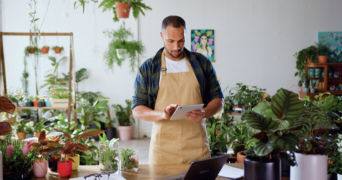 African American man checking green plants in flower shop and using tablet touching screen. Florist manager browsing on device in floral greenhouse. People and business concept.