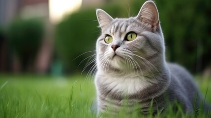The cat looks to the side and sits on a green lawn.