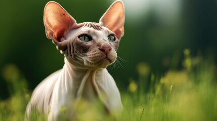 The cat looks to the side and sits on a green lawn.