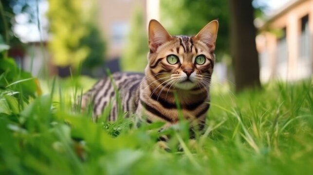 The cat looks to the side and sits on a green lawn.