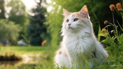 The cat looks to the side and sits on a green lawn.