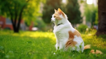 The cat looks to the side and sits on a green lawn.