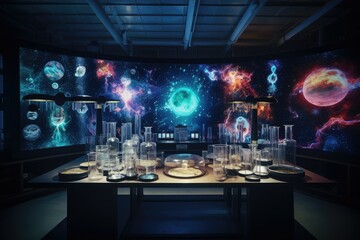 3d render scientific laboratory with equipment and science experiments, Mixed media, galaxy background, Microscope and glassware on the desk in lab, science, research, equipment