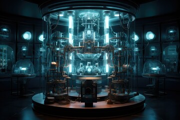 3d rendering of a scientific laboratory with a lot of light bulbs, Conceptual scientific and technology LED variable light array, Futuristic lab discovery in a glowing industry