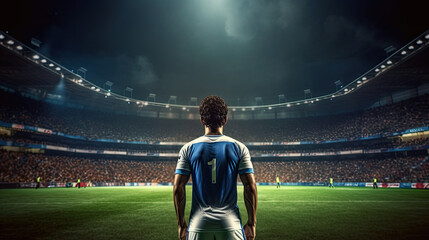 Back view of soccer player standing on the edge of football field - Powered by Adobe