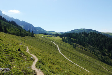 Fototapeta na wymiar The view from Gablonzer huette to Zwiesel valley, Gosaukamm mountain ridge, Germany 