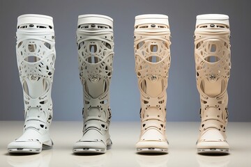 Modern prosthetic legs. Development of prosthetic technology, prosthesis made with a 3D printer. Concept of the development of technology and medicine. Generative AI.