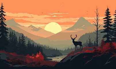 a mountain scene with deer and trees Generative AI