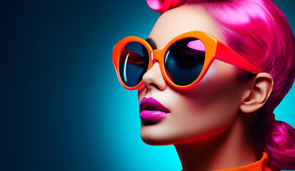 Closeup portrait of woman with bright pink hair and bright sunglasses in the style of futuristic...
