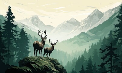 a pair of deer with mountains behind them Generative AI - obrazy, fototapety, plakaty