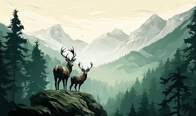 Foto auf Leinwand a pair of deer with mountains behind them Generative AI © SKIMP Art