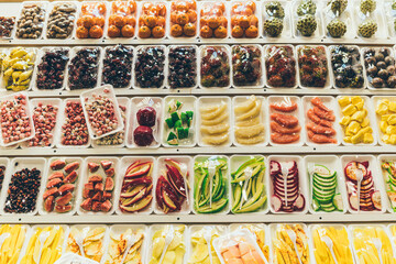 Trays with exotic fruits