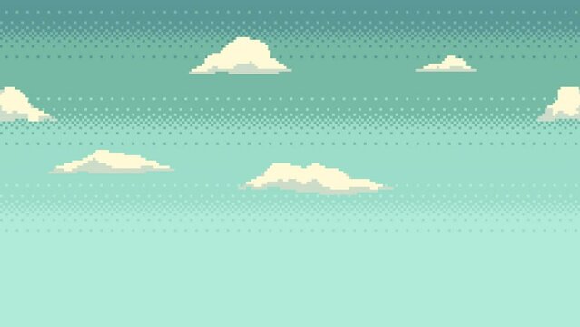 Pixel art seamless animation of floating clouds on the sky. Animated 8 bit looping background with moving clouds.