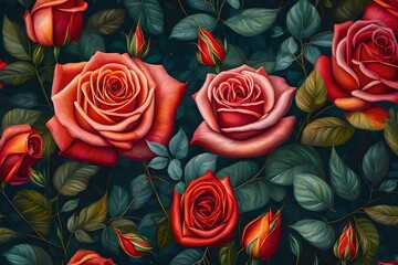 Oil painting with flower rose, leaves. Botanic print background on canvas - triptych In Interior, art