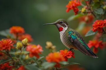 Colored tropical bird and surreal flowers. The hummingbird flies near to flower. 