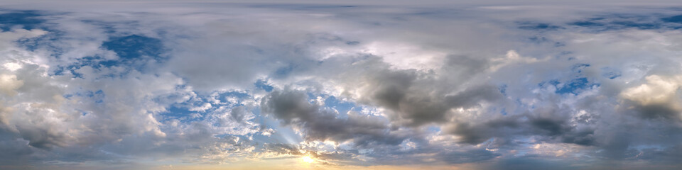 seamless cloudy evening blue sky 360 hdri panorama view with zenith and beautiful clouds before sunset for use in 3d graphics as sky dome replacement or edit drone shot - obrazy, fototapety, plakaty