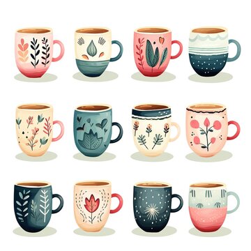 set of watercolor cute ceramic cups, mugs with botanical pattern in pastel colors