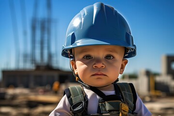 baby in a blue hardhat at a construction site