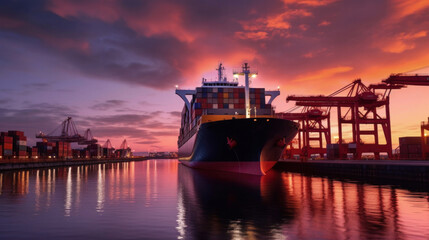 Container ship carrying container boxes import export dock with quay crane, trade global cargo freight shipping logistic concept.