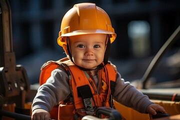 baby in a orange safety helmet works at a construction site